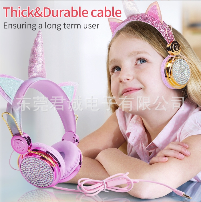 Head worn children's earphones popular mobile phone and computer universal unicorn earphones with microphone